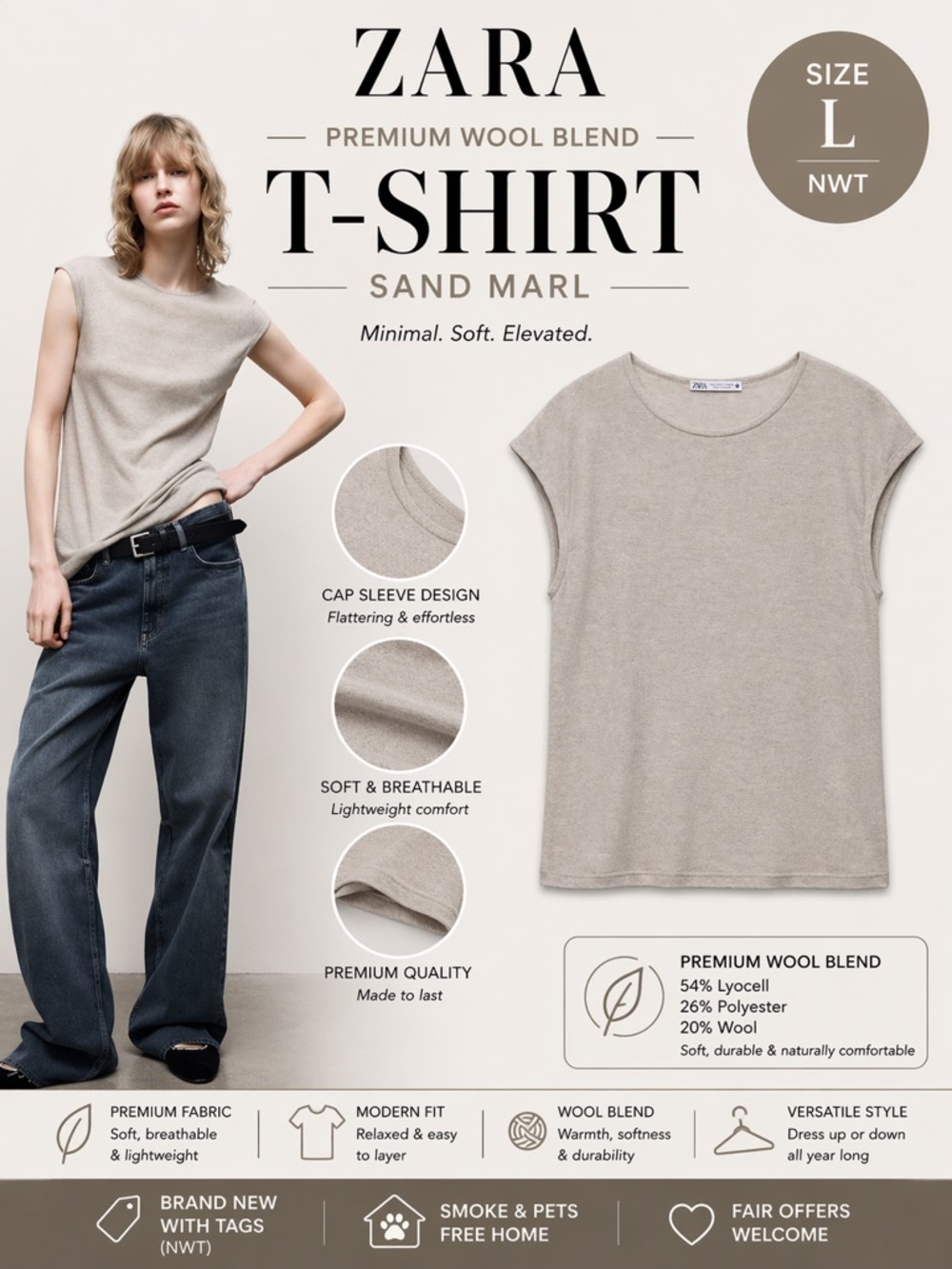 ZARA Sand Marl Premium Wool Blend T-Shirt Size L NWT Cap Sleeve Knit Top
